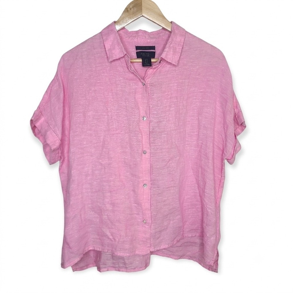 Rachel Roy 100% Linen Button Up‎ Shirt Womens L Pink Barbiecore Beach Vacation